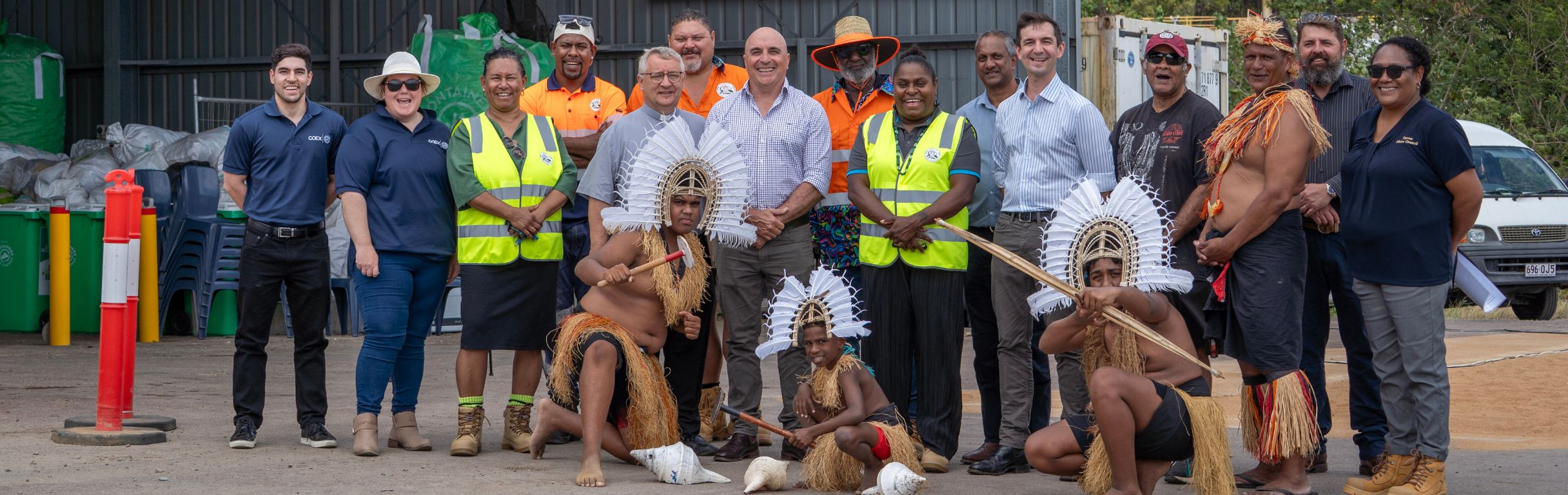 Representatives from Containers for Change and Torres Shire Council at the cultural blessing of the Thursday Island depot.